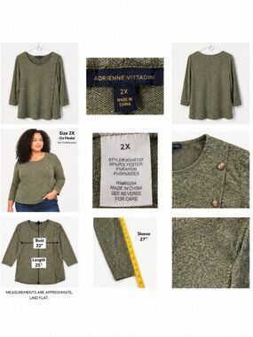 Adrienne Vittadini Olive Green Asymmetric Button Knit Top Size 2X Plus Size